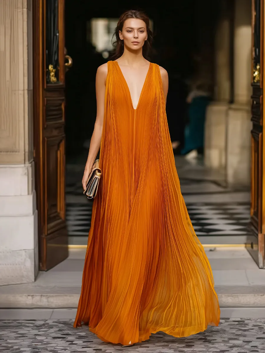 Deep V-Neck Pleated Flowing Maxi Dress sold by Mooyius product image thumbnail 2