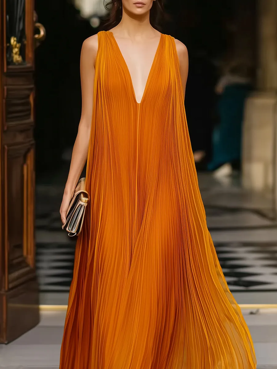 Deep V-Neck Pleated Flowing Maxi Dress sold by Mooyius product image thumbnail 3