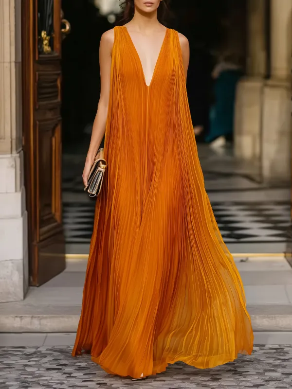 Deep V-Neck Pleated Flowing Maxi Dress made by Mooyius
