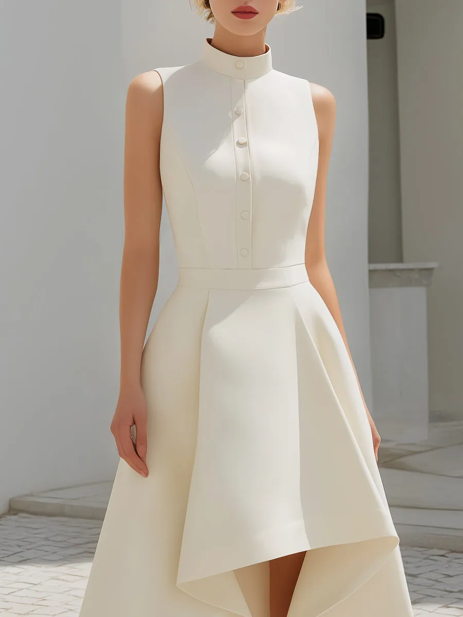 High-Neck Button Front Asymmetric Hem Midi Dress sold by Mooyius product image thumbnail 2