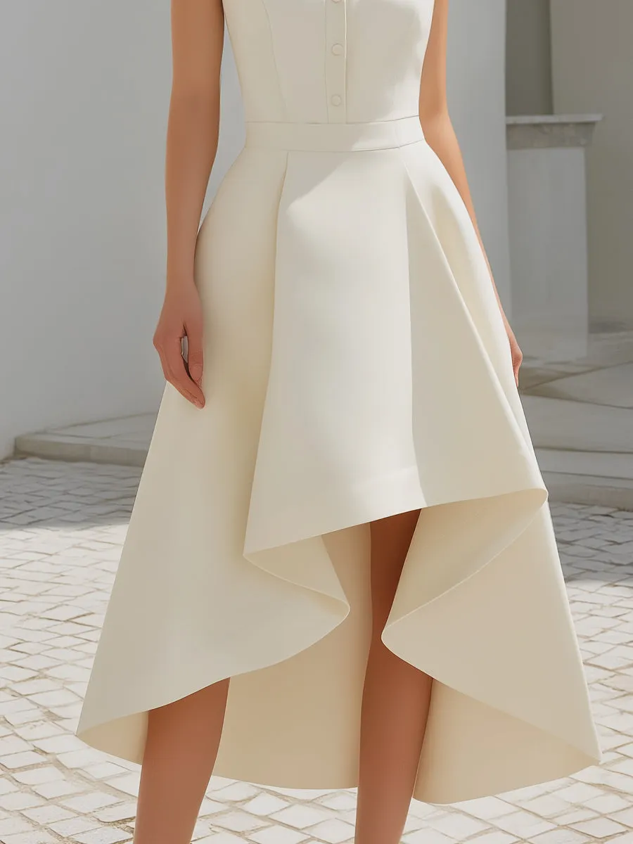 High-Neck Button Front Asymmetric Hem Midi Dress sold by Mooyius product image thumbnail 3