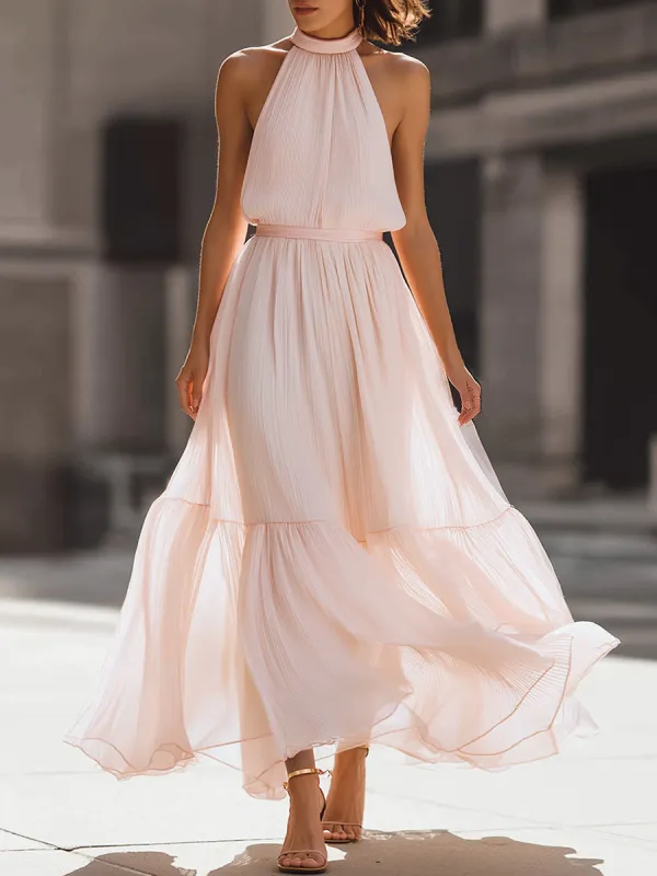 Pleated Halter Neck Flowing Midi Dress made by Mooyius