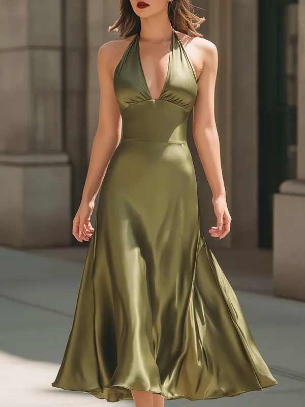 Satin Halter Neck A-Line Midi Dress made by Mooyius