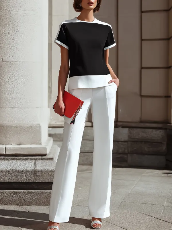 Contrast Trim Short Sleeve Top & Wide-Leg Pants Set sold by Mooyius