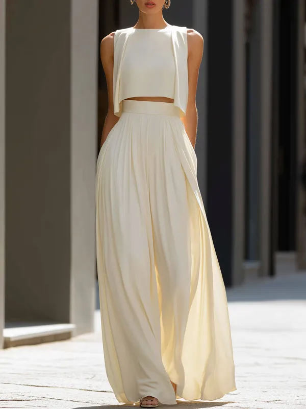 Cropped Overlay Top & Flowing Wide-Leg Pants Set made by Mooyius