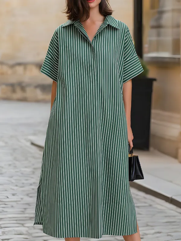 Green & White Stripe Oversized Shirt Midi Dress With Side Slits made by Something Navy