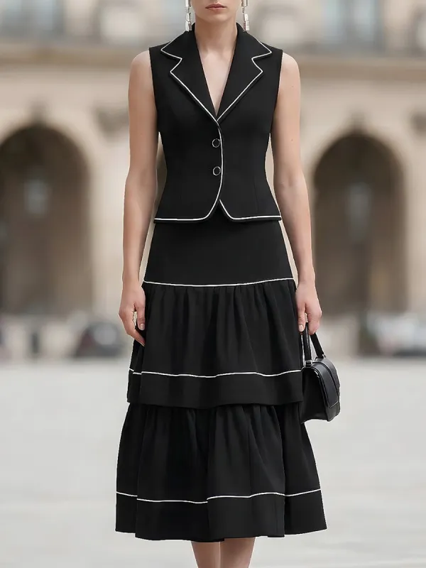 Chic Sleeveless Blazer Vest & Tiered Ruffle Midi Skirt Two-Piece Set With White Piping made by Mooyius