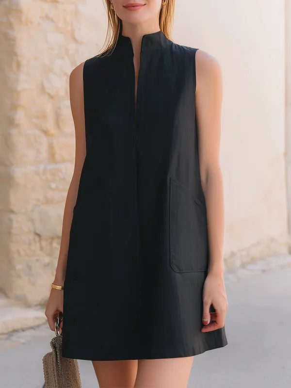 Black Sleeveless Stand Collar Pocket Shift Mini Dress made by Something Navy