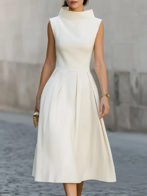 Cream Sleeveless High Folded Neck Pleated Fit-and-Flare Midi Dress made by Mooyius