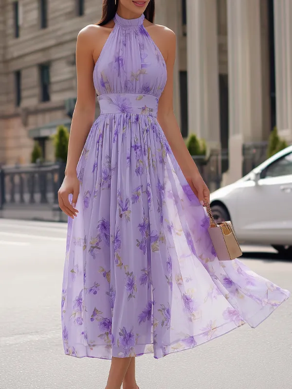 Lavender Floral Halter Neck Chiffon Pleated Midi Dress made by Something Navy