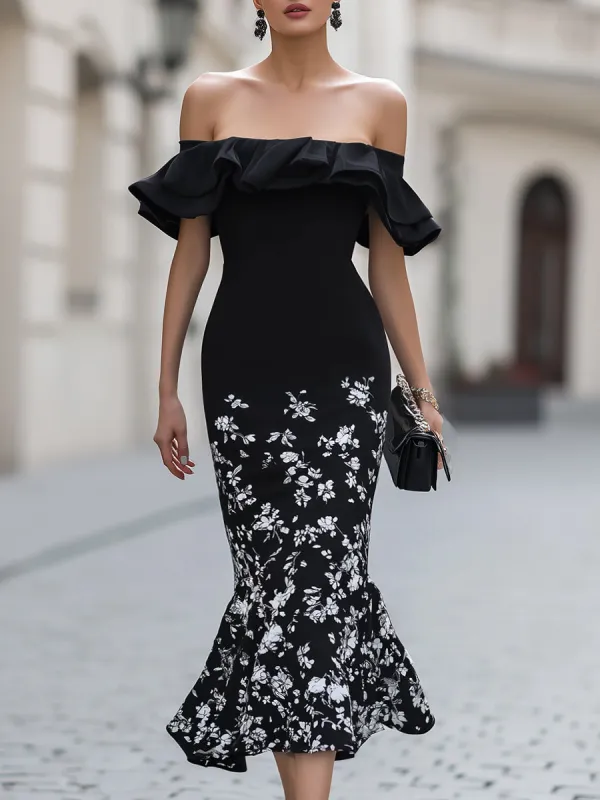 Elegant Off-Shoulder Ruffle Mermaid Midi Dress With White Floral Print made by Mooyius