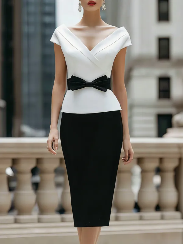 Elegant V-Neck Cap Sleeve Bow Belt Sheath Dress made by Mooyius