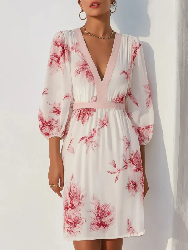 Floral Contrast Trim V-Neck Mini Dress made by Mooyius
