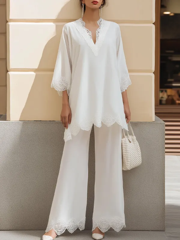 Lace Trim Relaxed Tunic And Wide-Leg Pants Set made by Mooyius