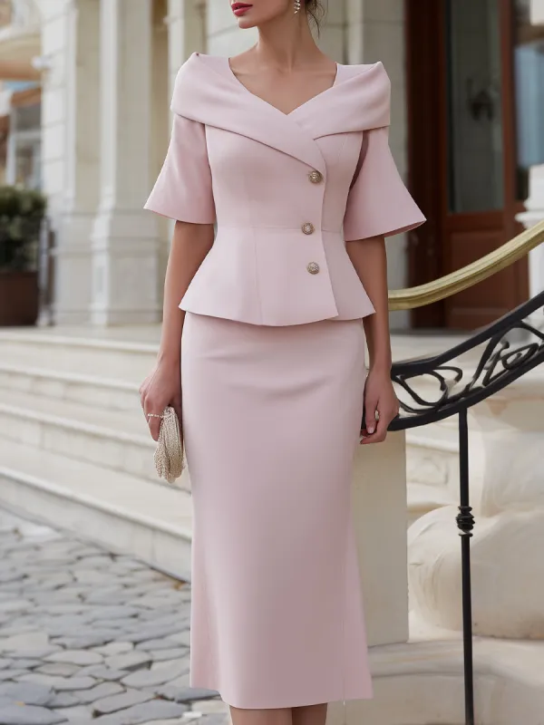 Off-Shoulder Peplum Blazer And Pencil Skirt Set made by Mooyius