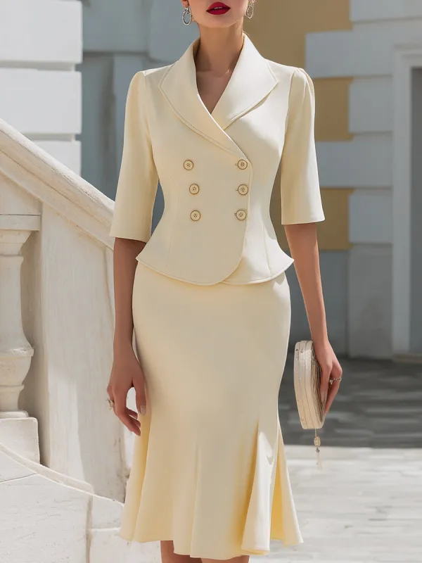 Double-Breasted Tailored Blazer And Flared Midi Skirt Set made by Mooyius