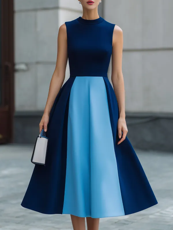 Navy & Light Blue Colorblock Sleeveless High Neck Fit-and-Flare made by Something Navy