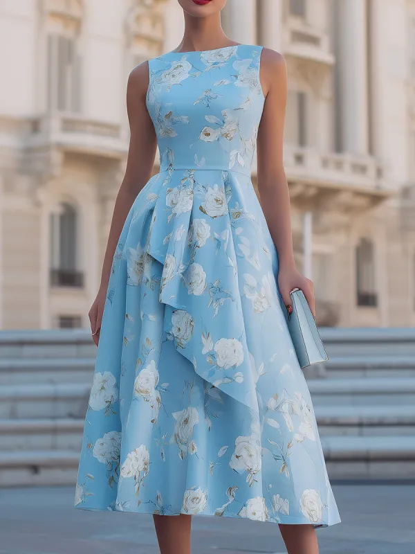 Sky Blue Floral Print Sleeveless Draped Fit-and-Flare Midi Dress made by Something Navy