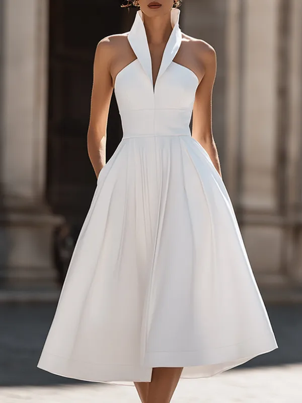 Structured Halter Collar A-Line Midi Dress made by Mooyius