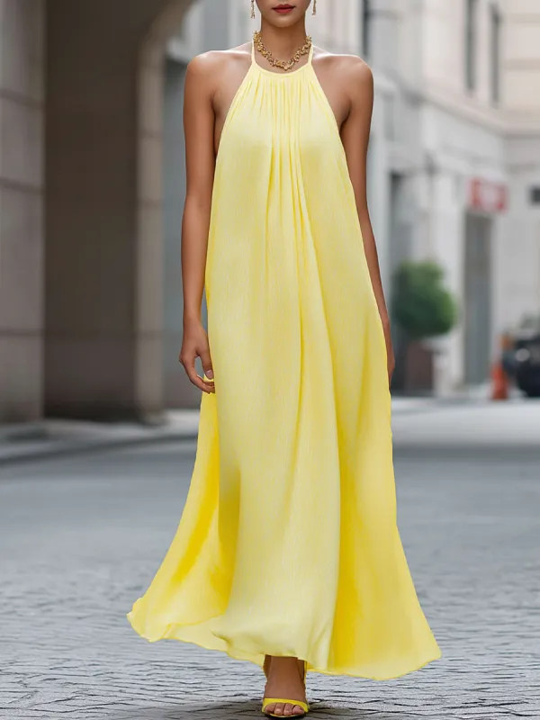 Pleated Halter Neck Flowing Maxi Dress made by Mooyius