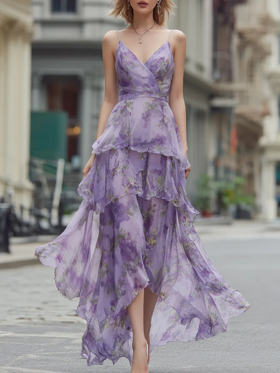 Spaghetti Strap Floral Tiered Chiffon Maxi Dress sold by Mooyius