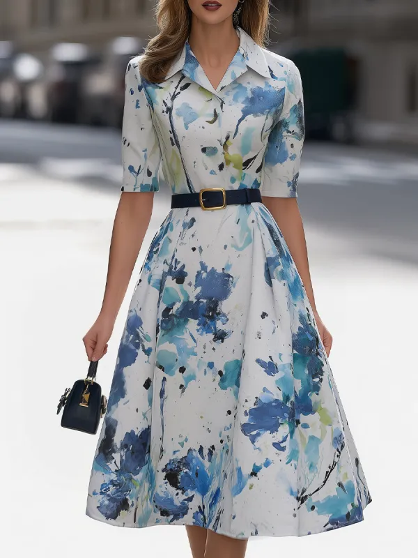 White & Blue Ink Floral Shirt Dress With Belt Midi Dress made by Something Navy