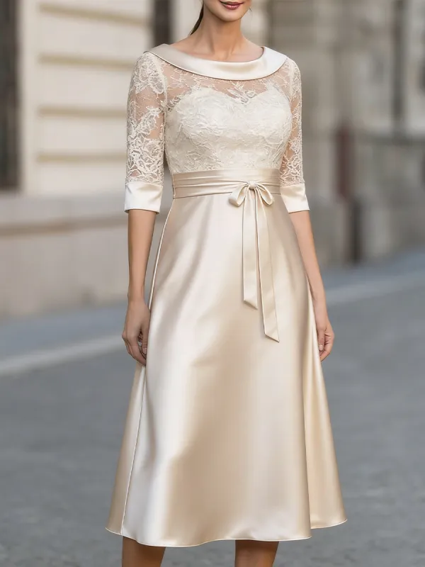 Lace Bodice Satin Skirt Midi Dress With Bow Belt made by Something Navy