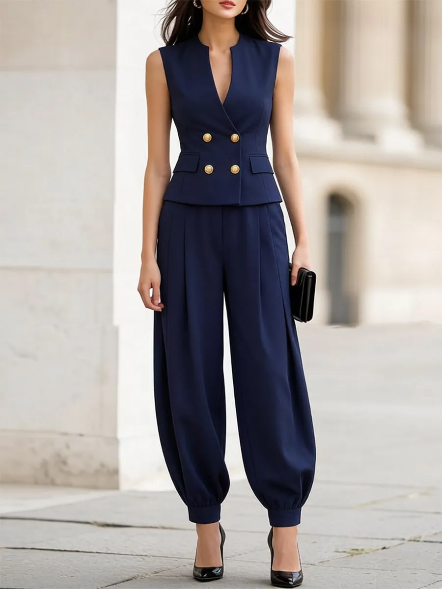 Sleeveless Double-Breasted Vest & High-Waisted Balloon Pants Two-Piece Suit Set sold by Mooyius