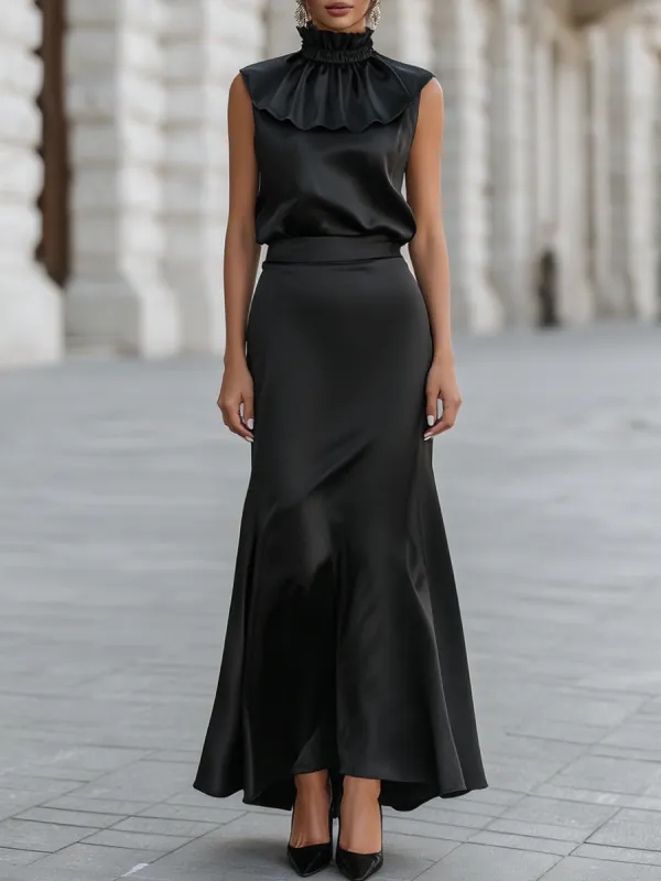 Elegant Satin Ruffled High Neck Sleeveless Two-Piece Mermaid Skirt Set made by Mooyius