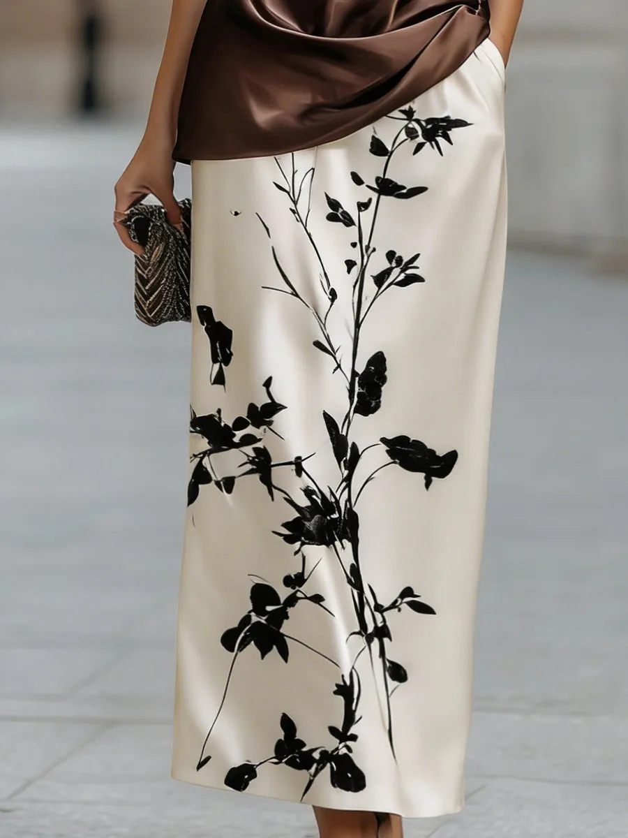 Luxury Satin Cowl Neck Top & Ink Painting Print Midi Skirt Two-Piece Set sold by Mooyius product image thumbnail 3