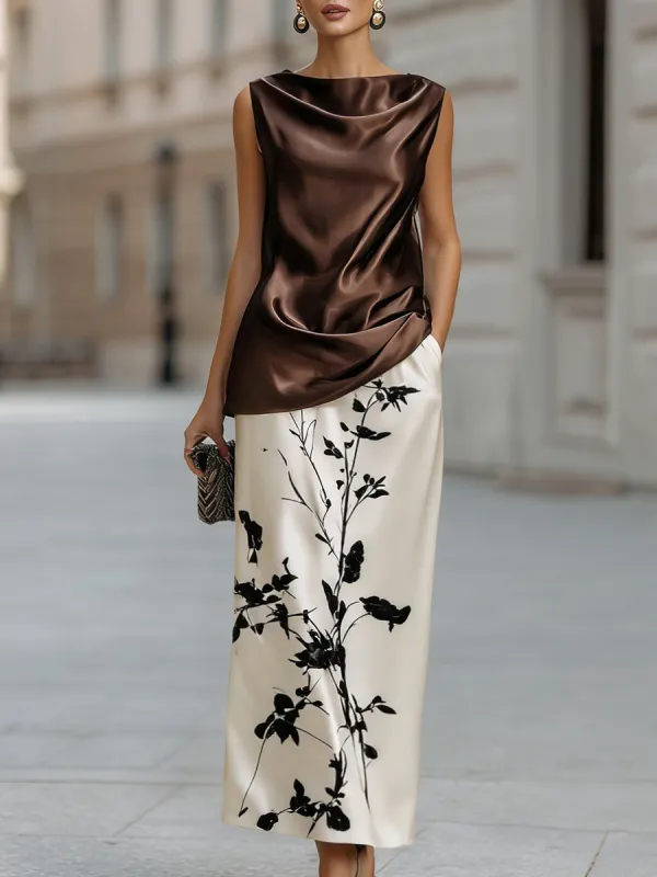 Luxury Satin Cowl Neck Top & Ink Painting Print Midi Skirt Two-Piece Set made by Mooyius