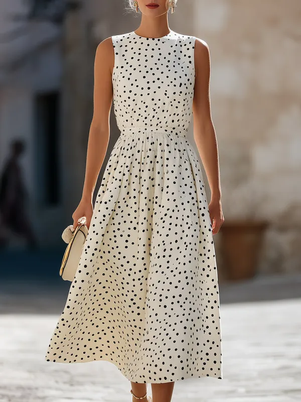 Timeless Sleeveless Polka Dot Midi Dress With Gathered Waist made by Mooyius