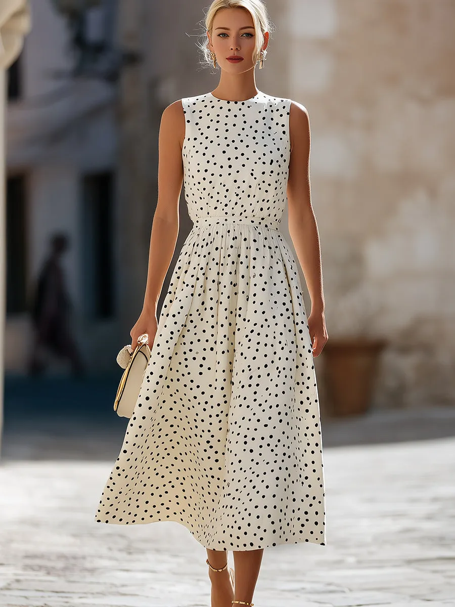 Timeless Sleeveless Polka Dot Midi Dress With Gathered Waist sold by Mooyius product image thumbnail 2