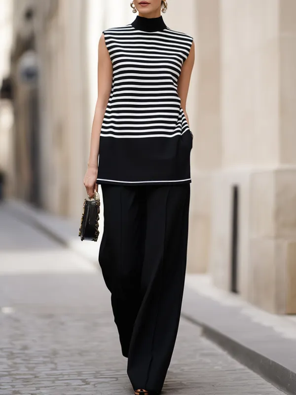 Chic Black & White Striped Sleeveless Turtleneck Top & Wide-Leg Pants Two-Piece Set made by Mooyius
