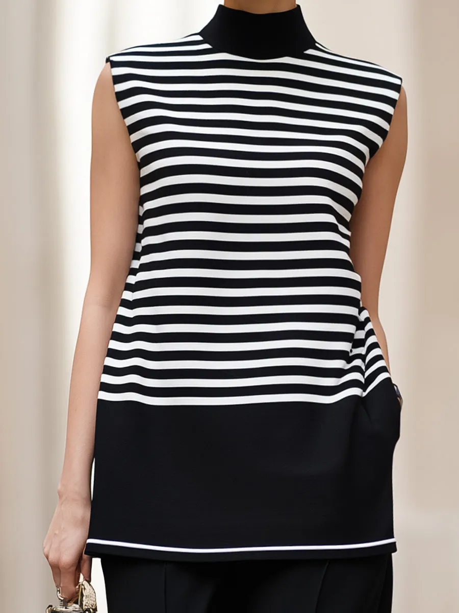 Chic Black & White Striped Sleeveless Turtleneck Top & Wide-Leg Pants Two-Piece Set sold by Mooyius product image thumbnail 2
