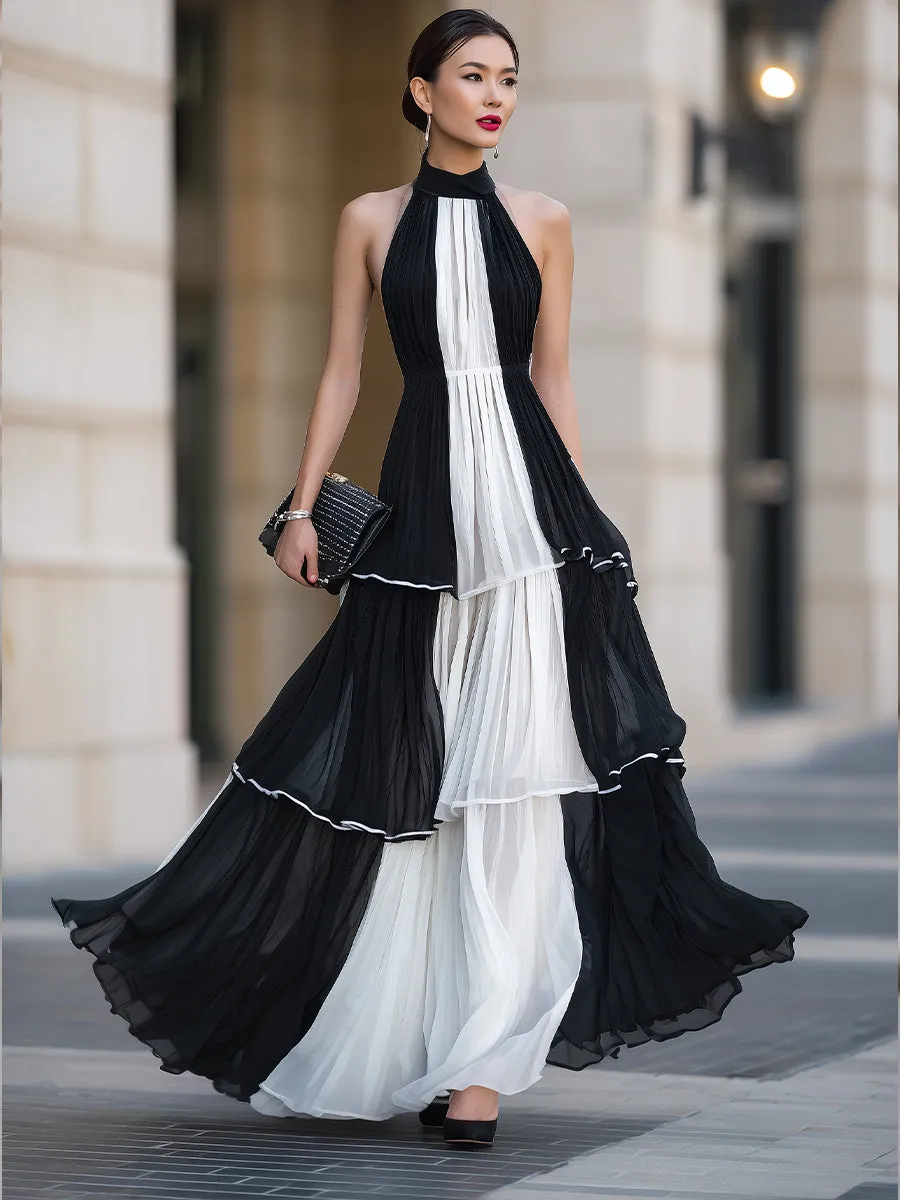 Contrast Pleated Tiered Halter Maxi Dress sold by Mooyius product image thumbnail 2