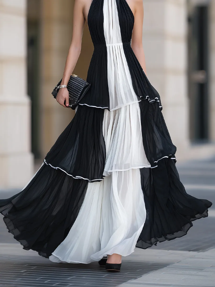 Contrast Pleated Tiered Halter Maxi Dress sold by Mooyius product image thumbnail 4