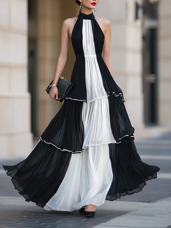 Contrast Pleated Tiered Halter Maxi Dress made by Mooyius