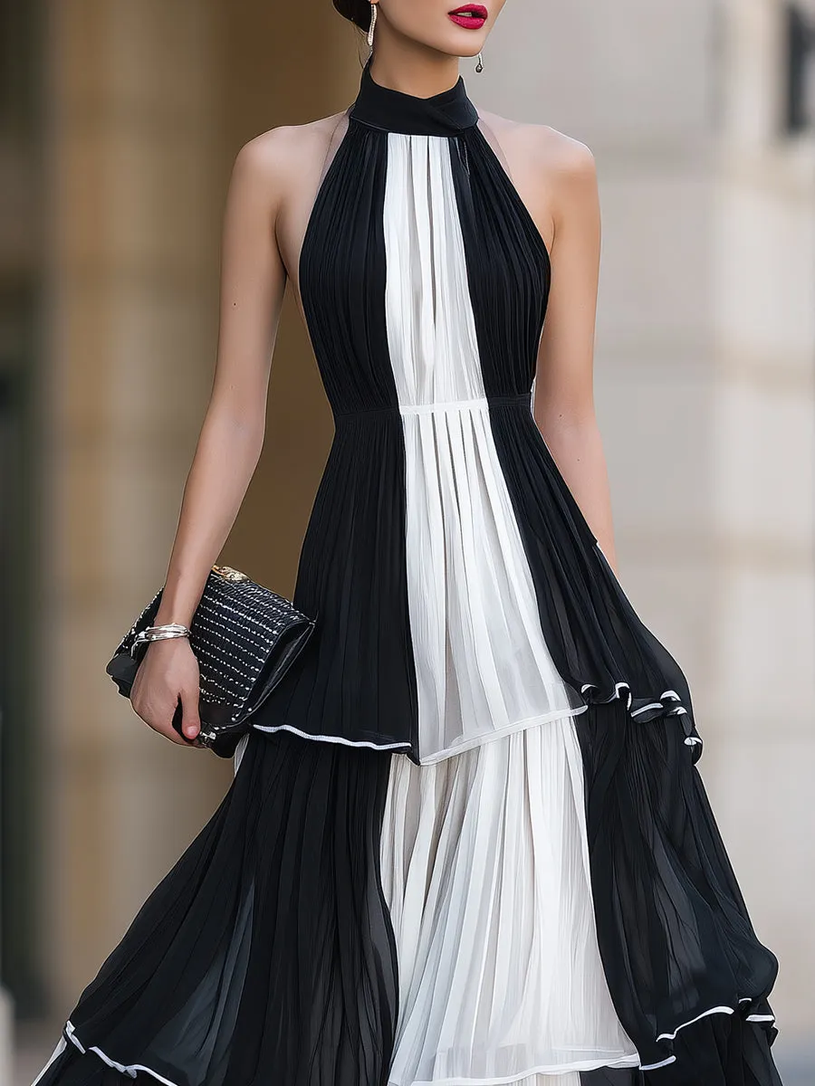 Contrast Pleated Tiered Halter Maxi Dress sold by Mooyius product image thumbnail 3