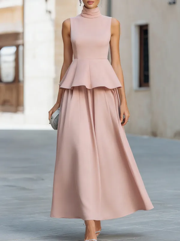 Elegant Satin Turtleneck Ruffle Top And A-line Maxi Skirt Set made by Mooyius