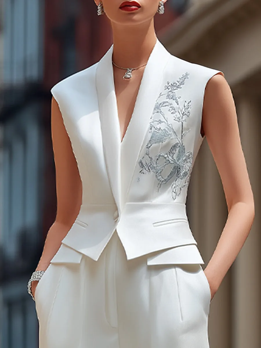 Sleeveless Embroidered Vest And Wide-Leg Pants Set sold by Mooyius product image thumbnail 2