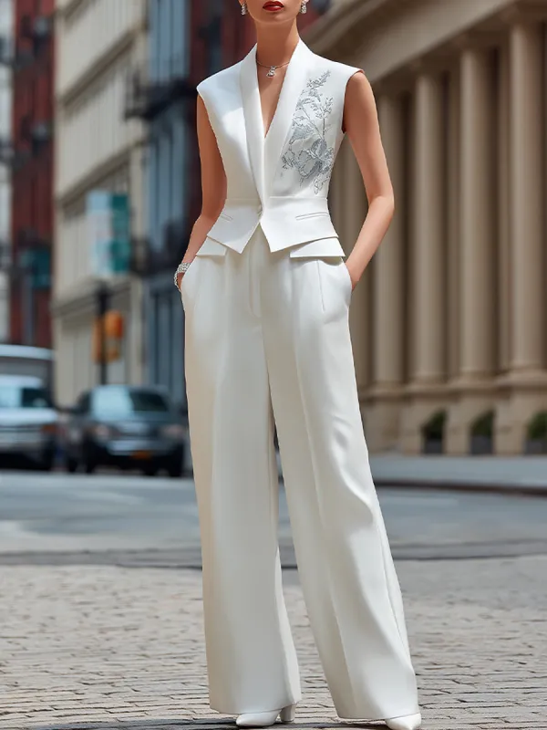 Sleeveless Embroidered Vest And Wide-Leg Pants Set made by Mooyius