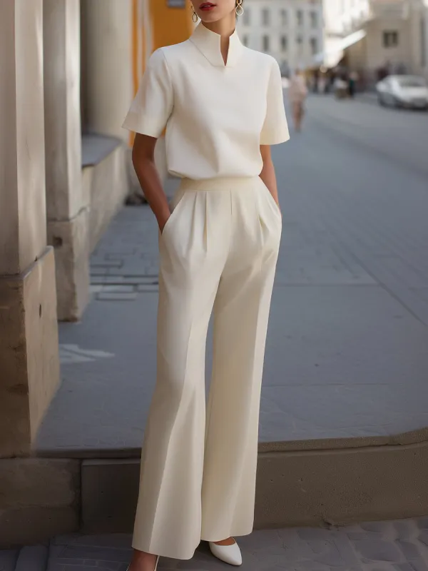 Minimalist Stand Collar Top & Tailored Wide-Leg Pants Set made by Mooyius