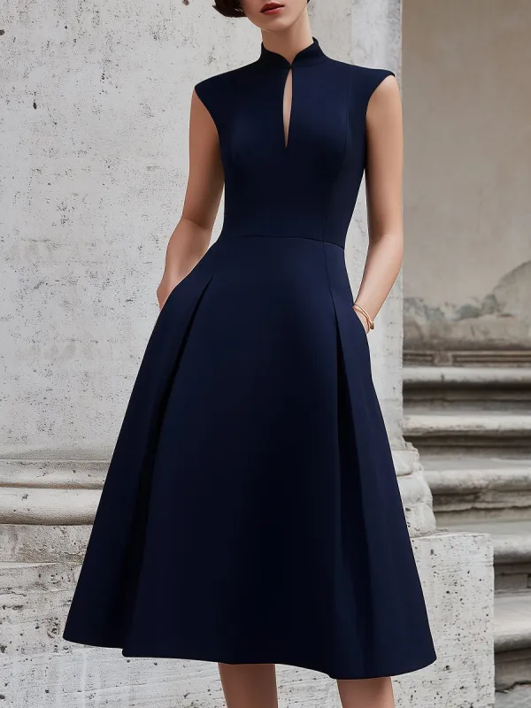 Elegant High-Neck Sleeveless A-Line Midi Dress made by Mooyius