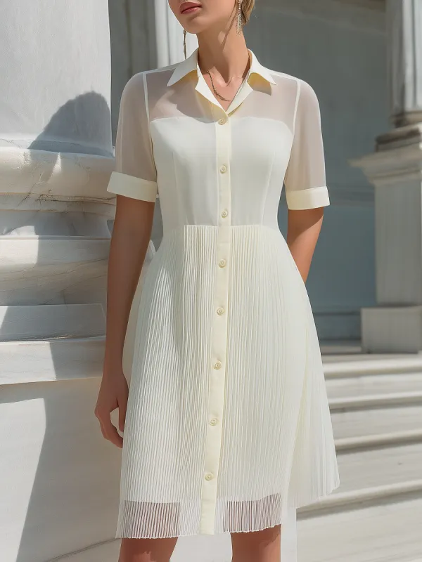 Short Sleeves Sheer Panel Pleated Shirt Dress made by Mooyius