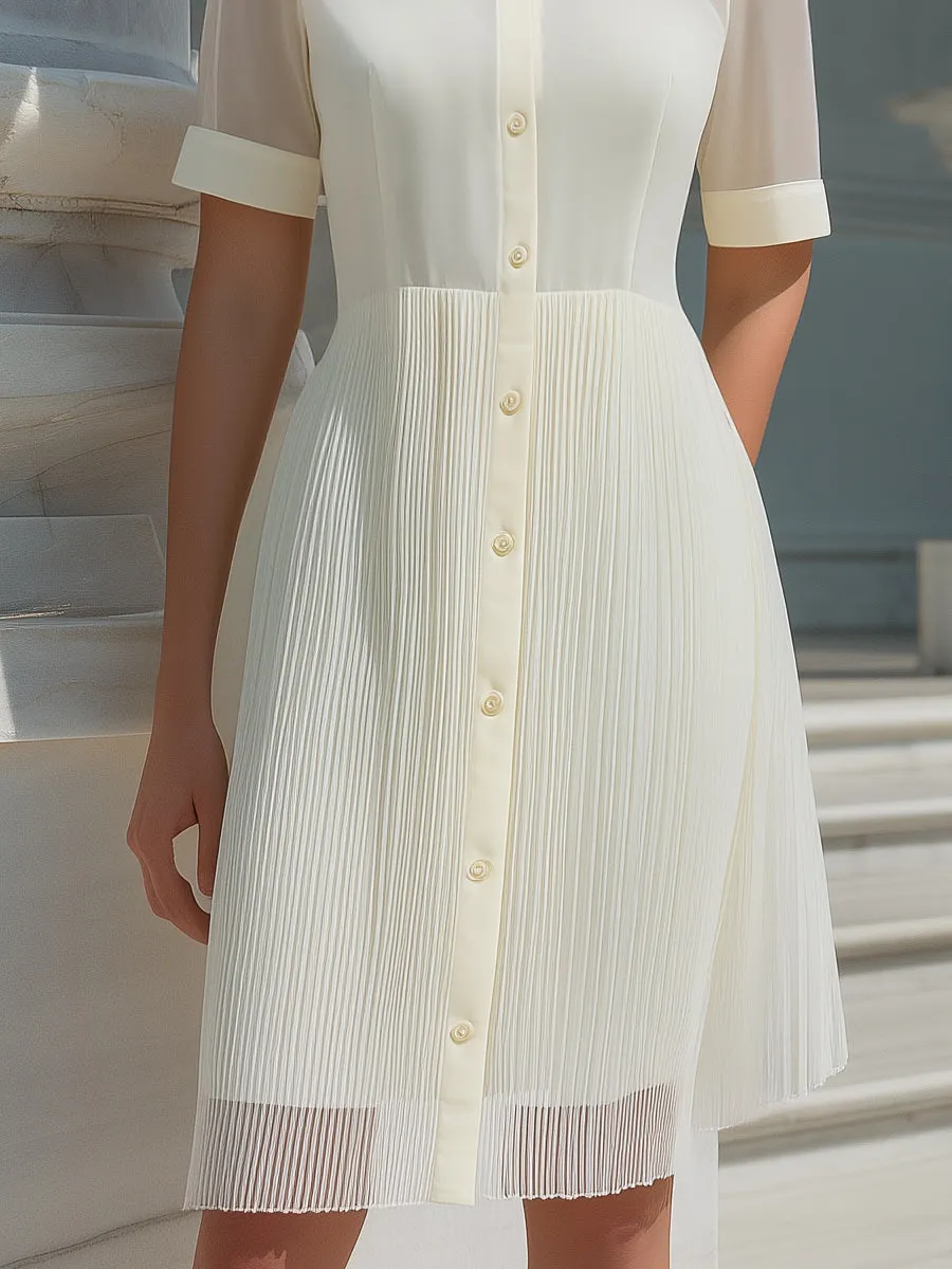 Short Sleeves Sheer Panel Pleated Shirt Dress sold by Mooyius product image thumbnail 3