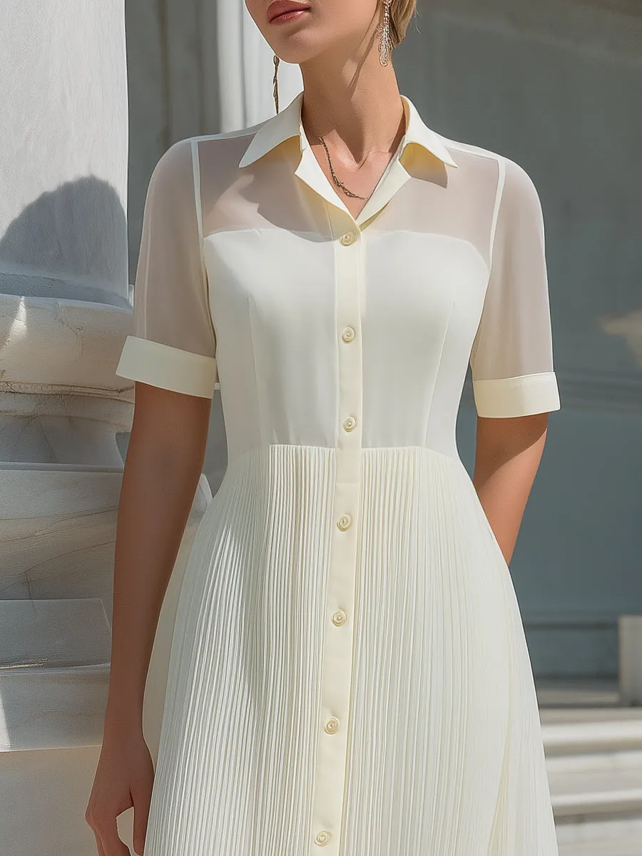 Short Sleeves Sheer Panel Pleated Shirt Dress sold by Mooyius product image thumbnail 2