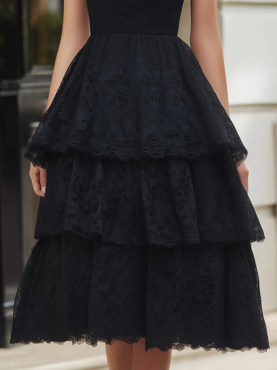 High-Neck Tiered Lace Fit-and-Flare Dress sold by Mooyius product image thumbnail 3