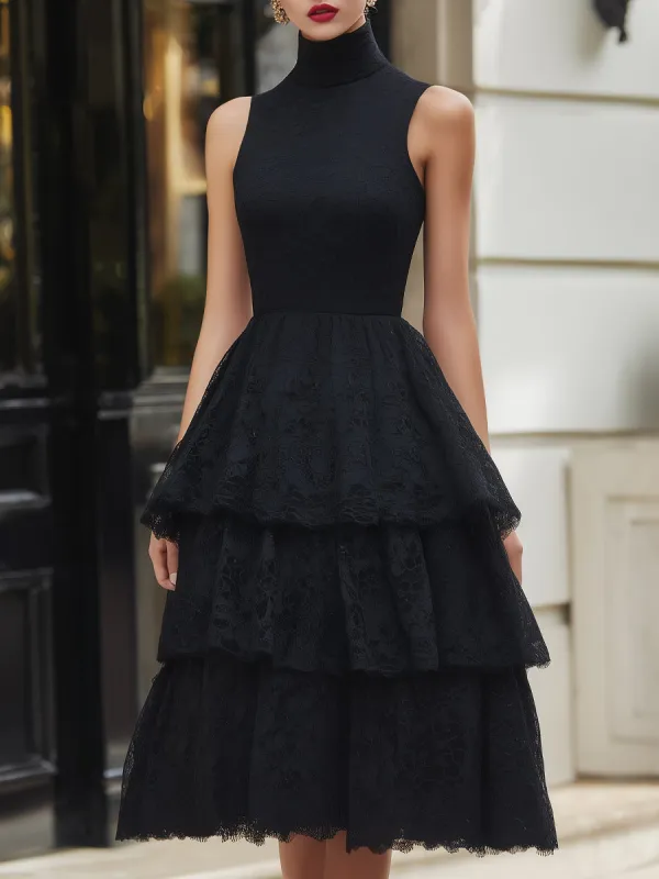 High-Neck Tiered Lace Fit-and-Flare Dress made by Mooyius