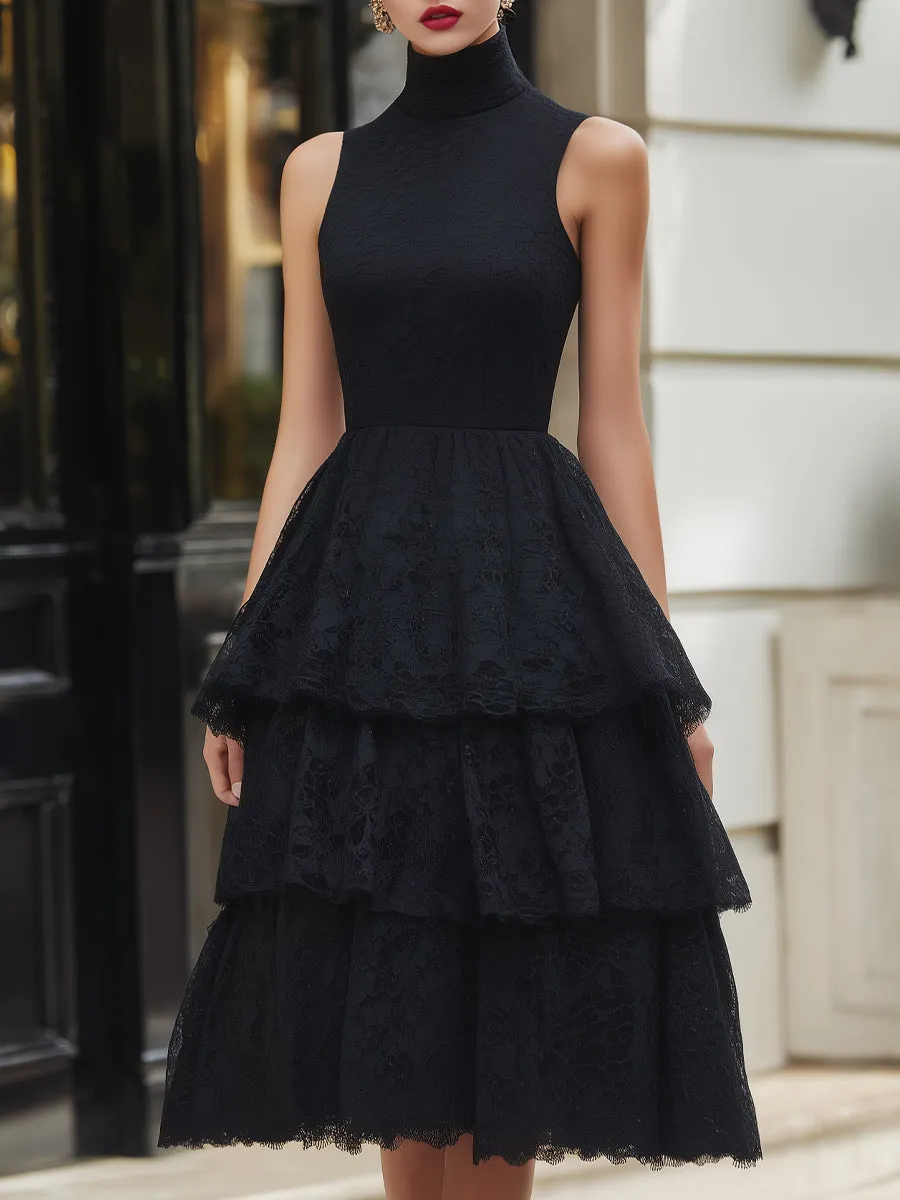 High-Neck Tiered Lace Fit-and-Flare Dress sold by Mooyius